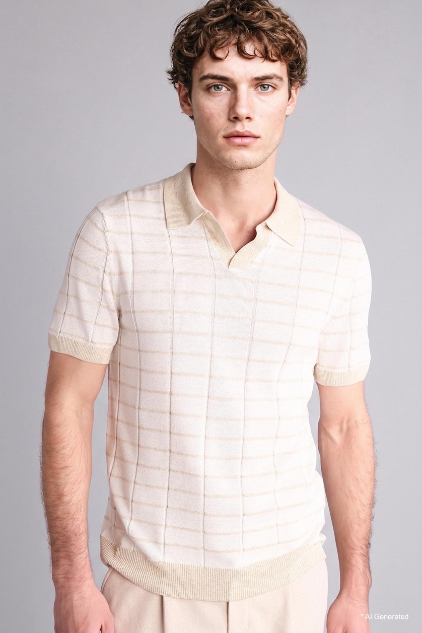 MAN Ecru Knitwear Short Sleeve Polo T-Shirt