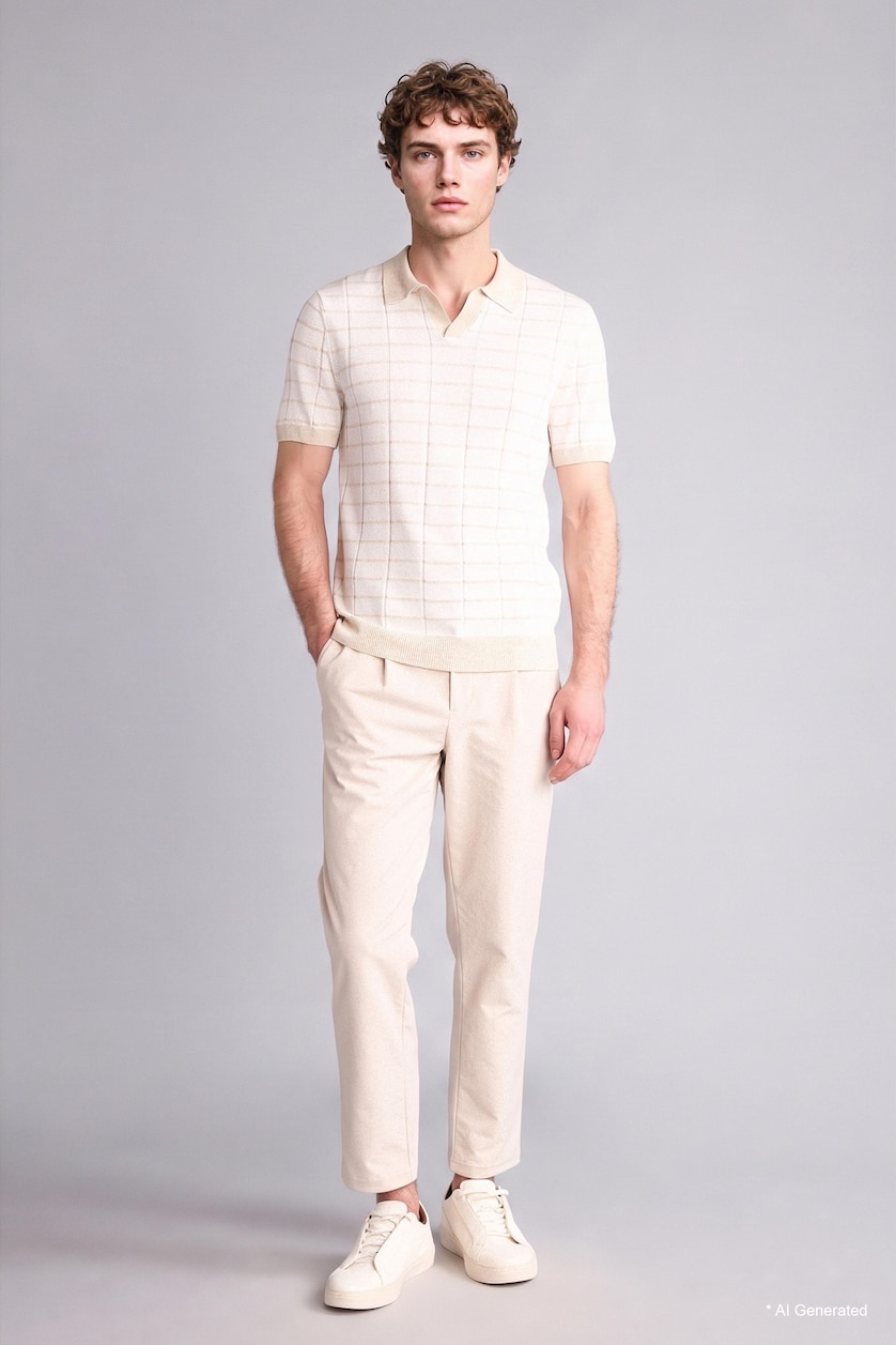 MAN Ecru Knitwear Short Sleeve Polo T-Shirt