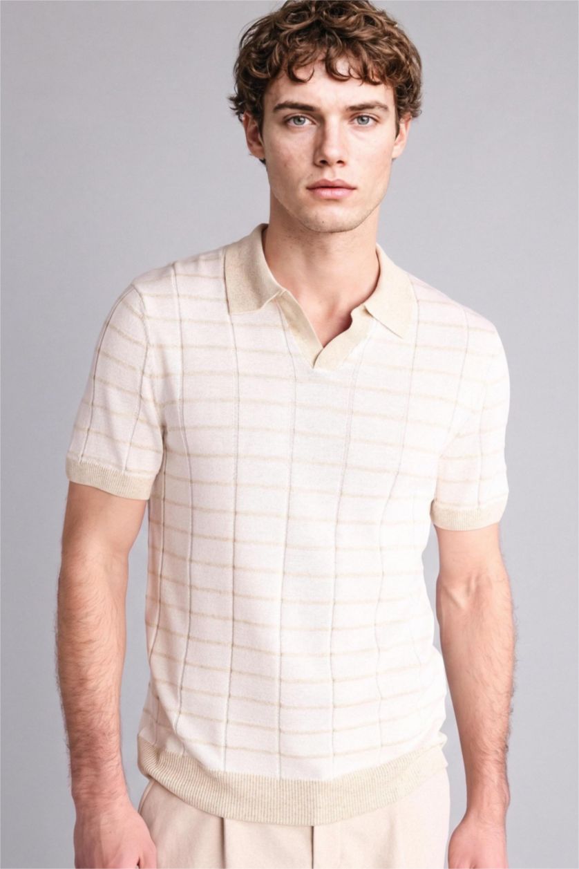 MAN Ecru Linen Blended Short Sleeve Polo T-Shirt
