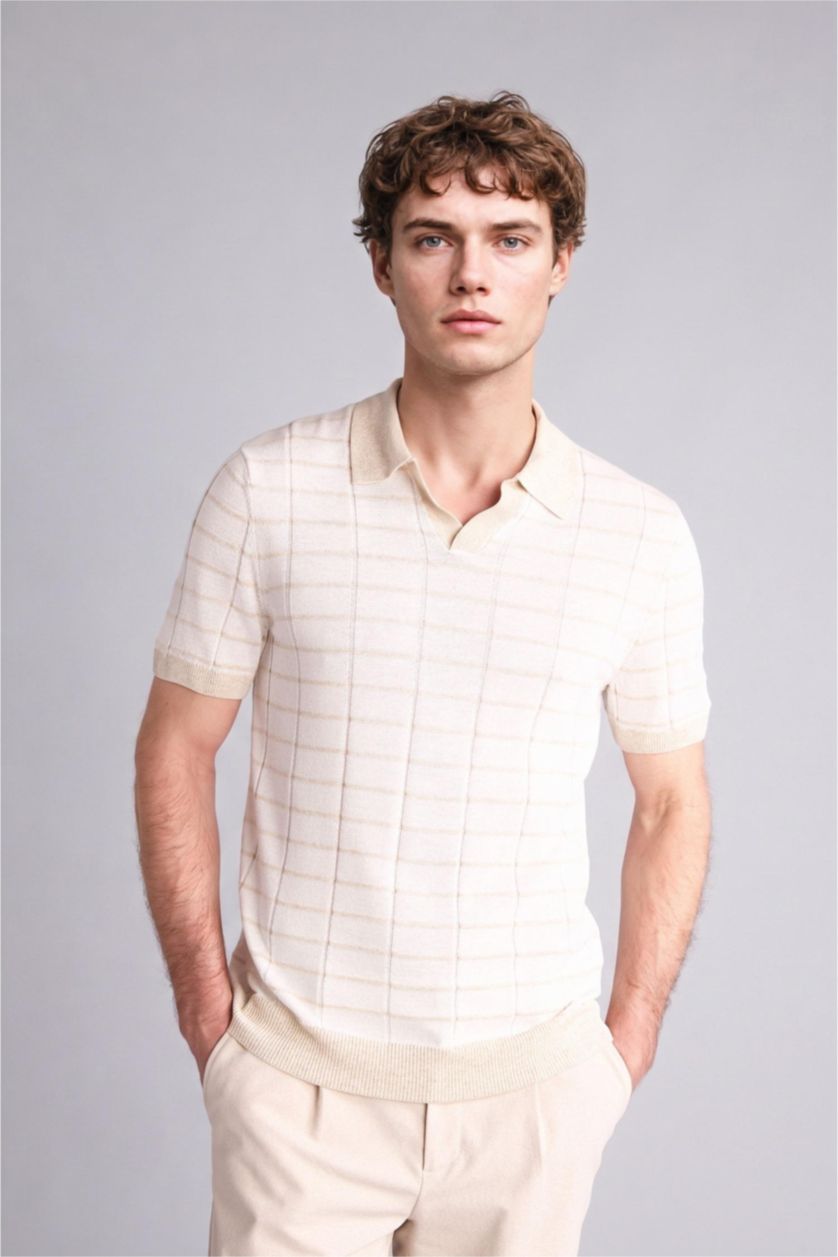 MAN Ecru Linen Blended Short Sleeve Polo T-Shirt