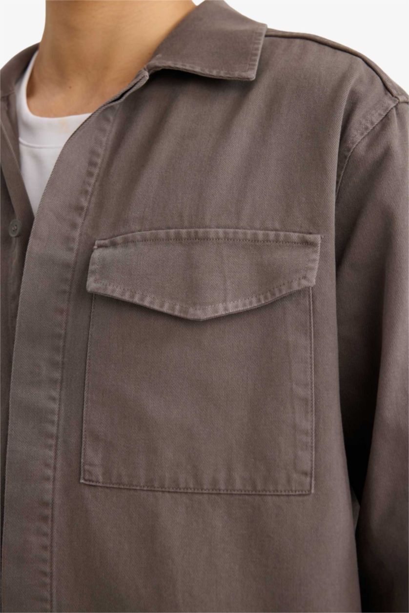 Erkek Açık Kahve Boxy Fit Gabardin Uzun Kollu Gömlek