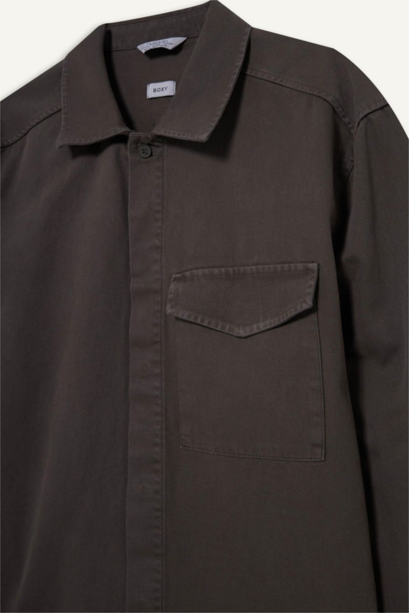 Erkek Açık Kahve Boxy Fit Gabardin Uzun Kollu Gömlek