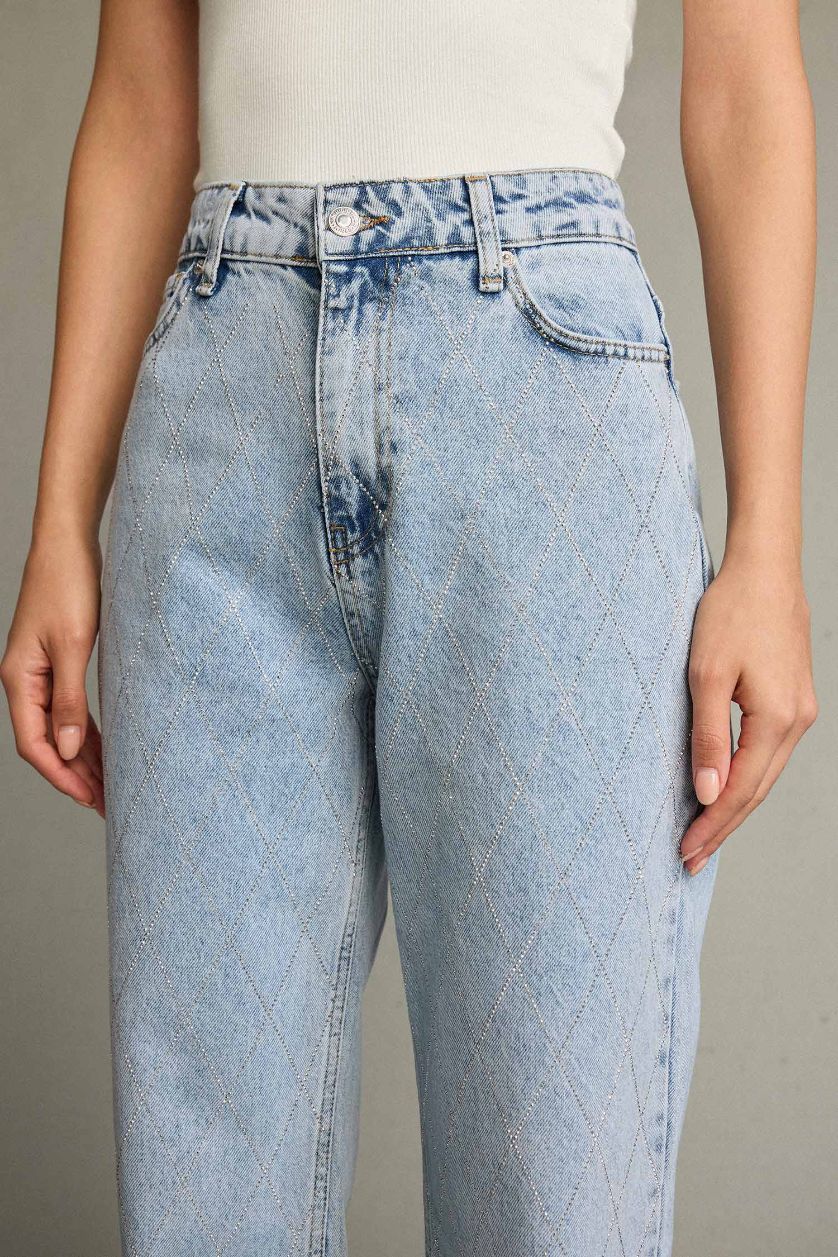 نساء أزرق فاتح بنطرون جينز وايد ليج قصة مريحة