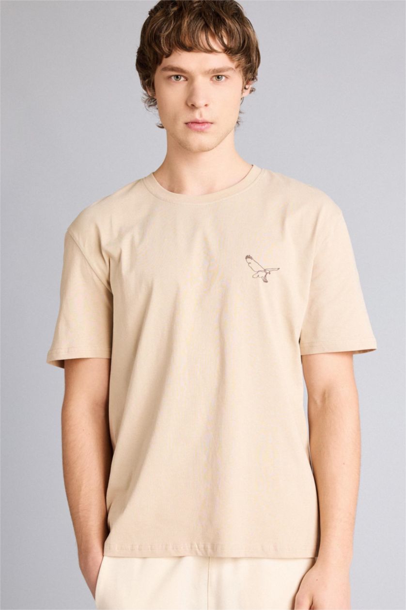 Erkek Bej Baskılı Kısa Kollu Tişört