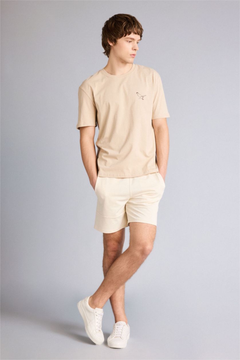 Erkek Bej Baskılı Kısa Kollu Tişört