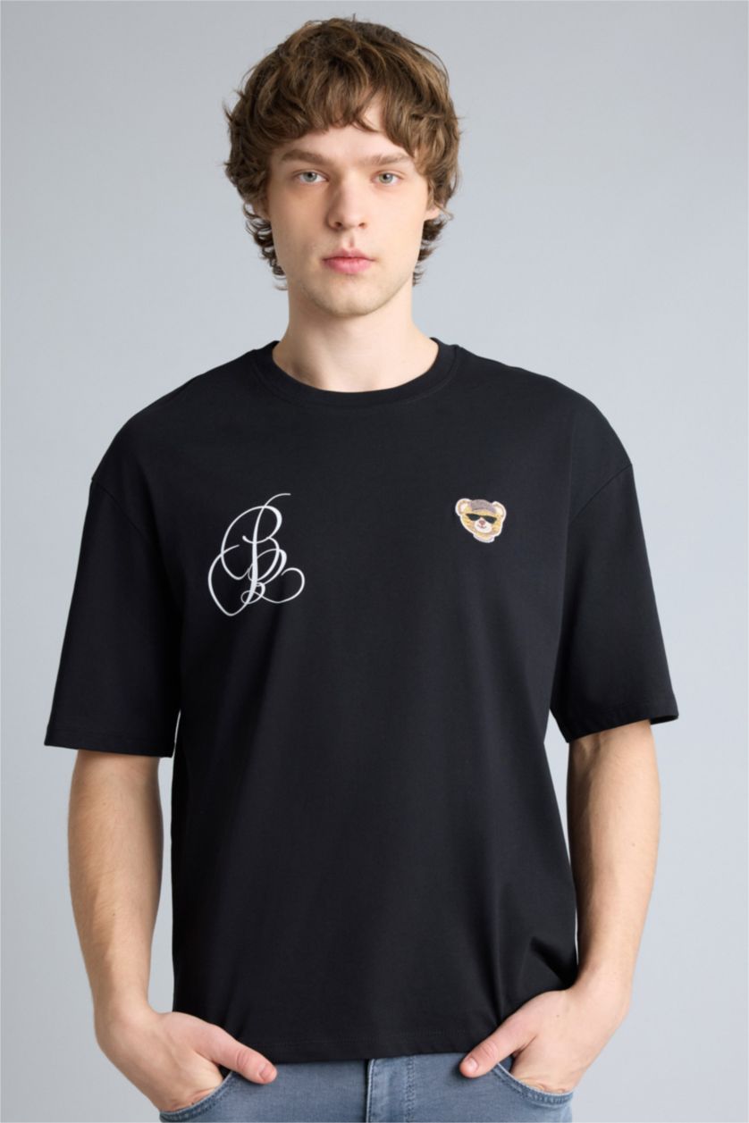 Erkek Siyah Boxy Fıt Baskılı Kısa Kollu Tişört