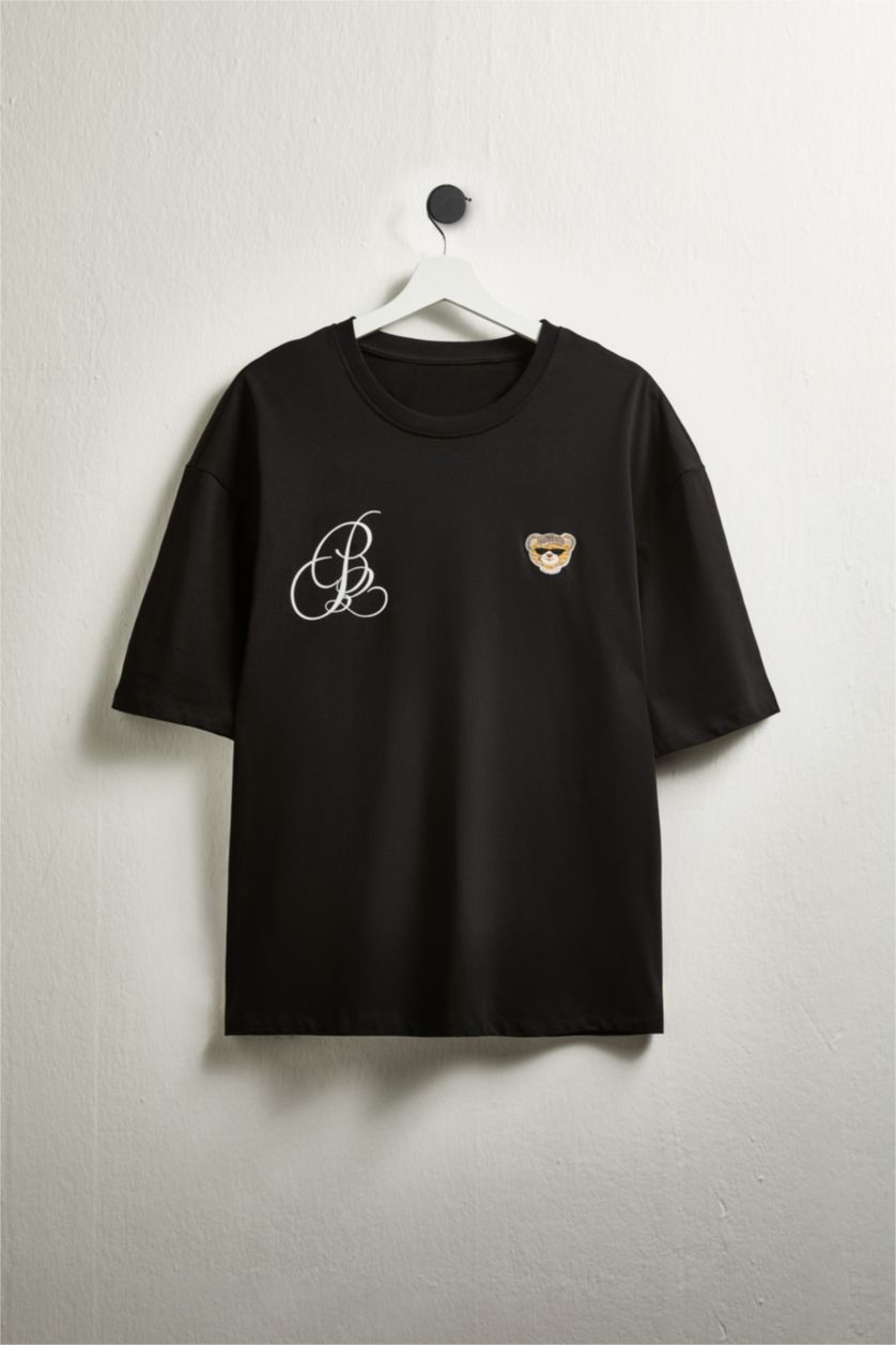 رجال أسود تيشيرت نص ردن اوفر سايز مطبوع