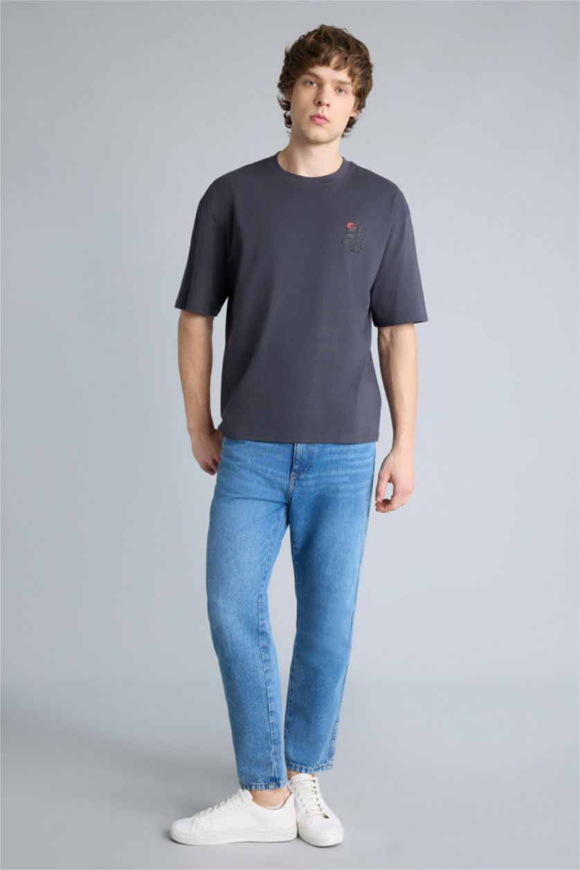 Erkek Antrasit %100 Pamuk Boxy Fit Baskılı Tişört