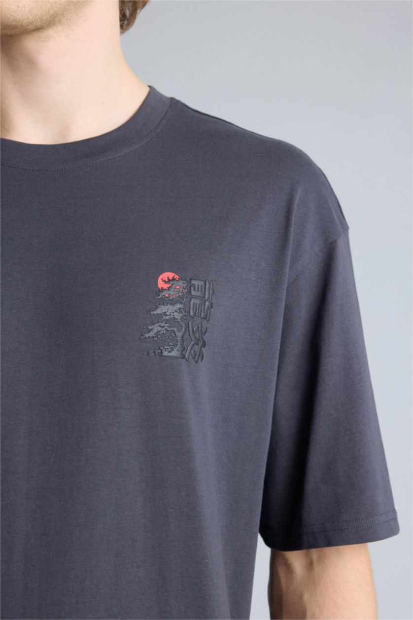 Erkek Antrasit %100 Pamuk Boxy Fit Baskılı Tişört