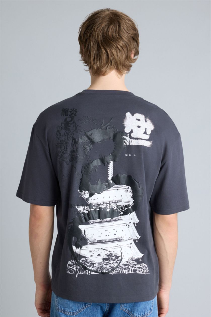 Erkek Antrasit %100 Pamuk Boxy Fit Baskılı Tişört