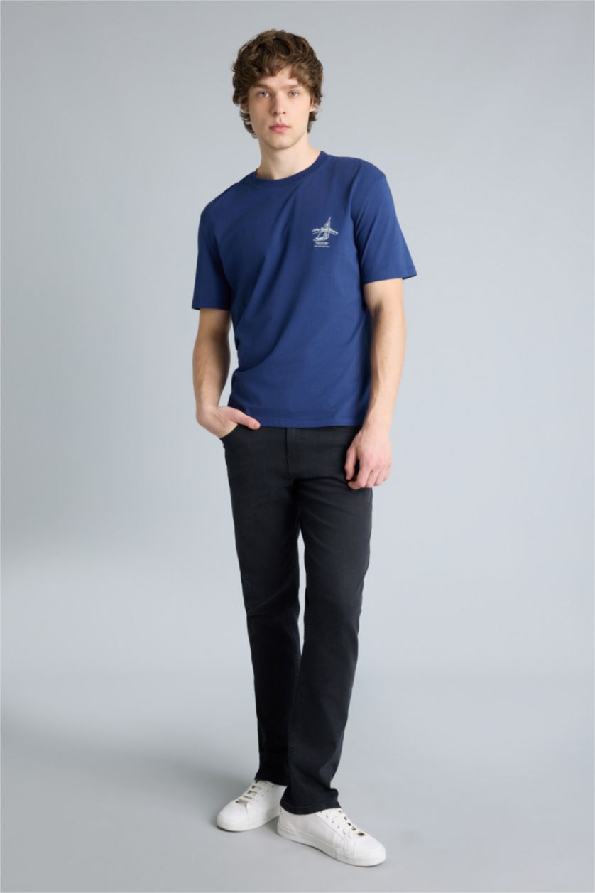 Erkek Lacivert Regular Fıt Baskılı Kısa Kollu Tişört