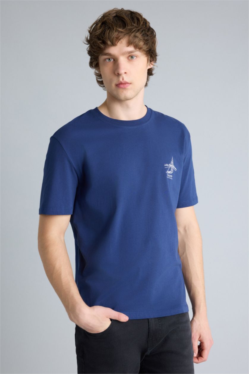 Erkek Lacivert Regular Fıt Baskılı Kısa Kollu Tişört