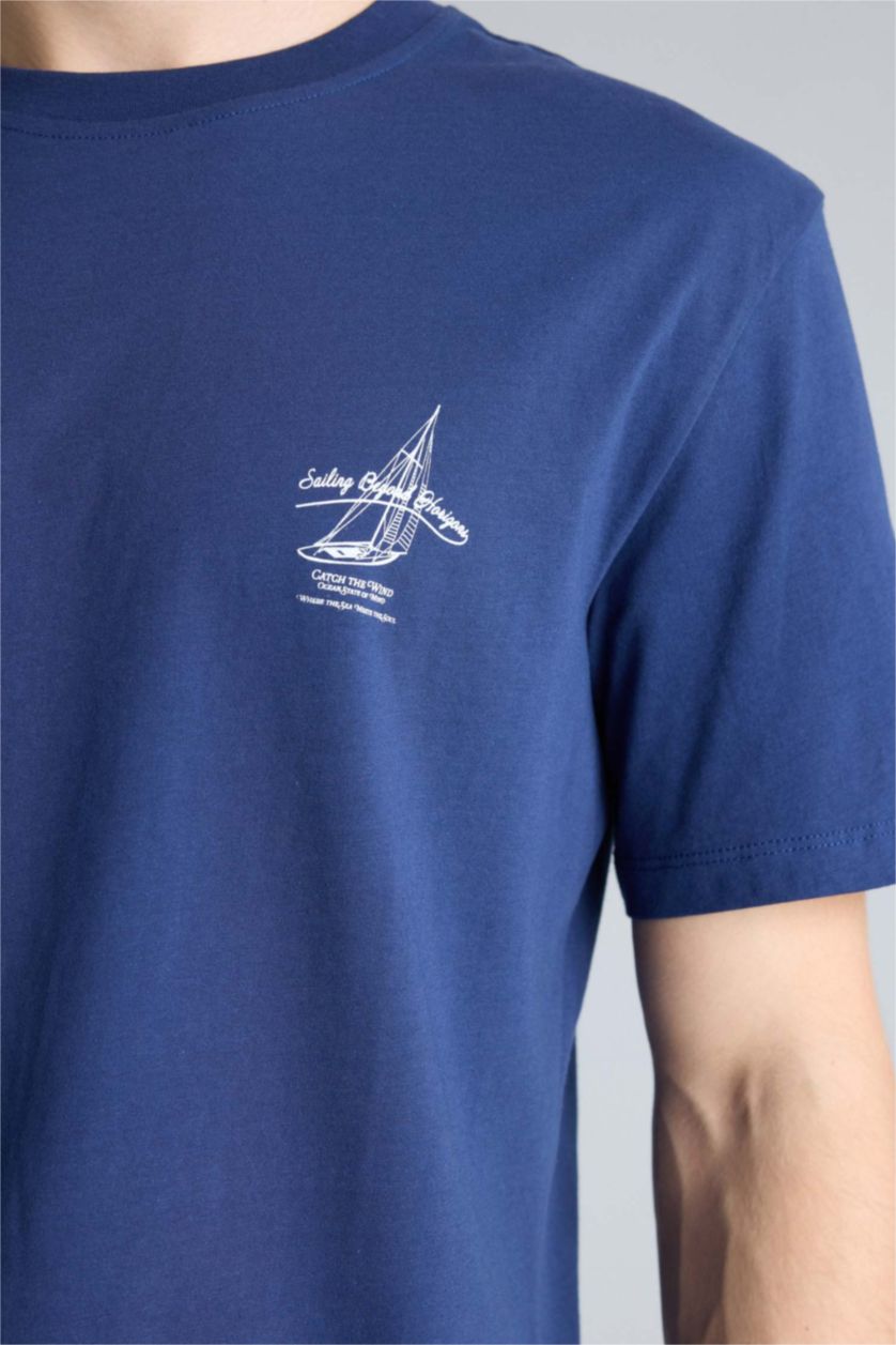 Erkek Lacivert Regular Fıt Baskılı Kısa Kollu Tişört