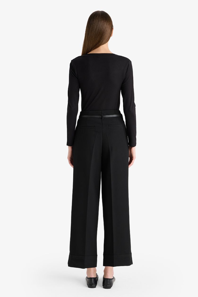 Woman Black Normal Waist Wide Leg Trousers