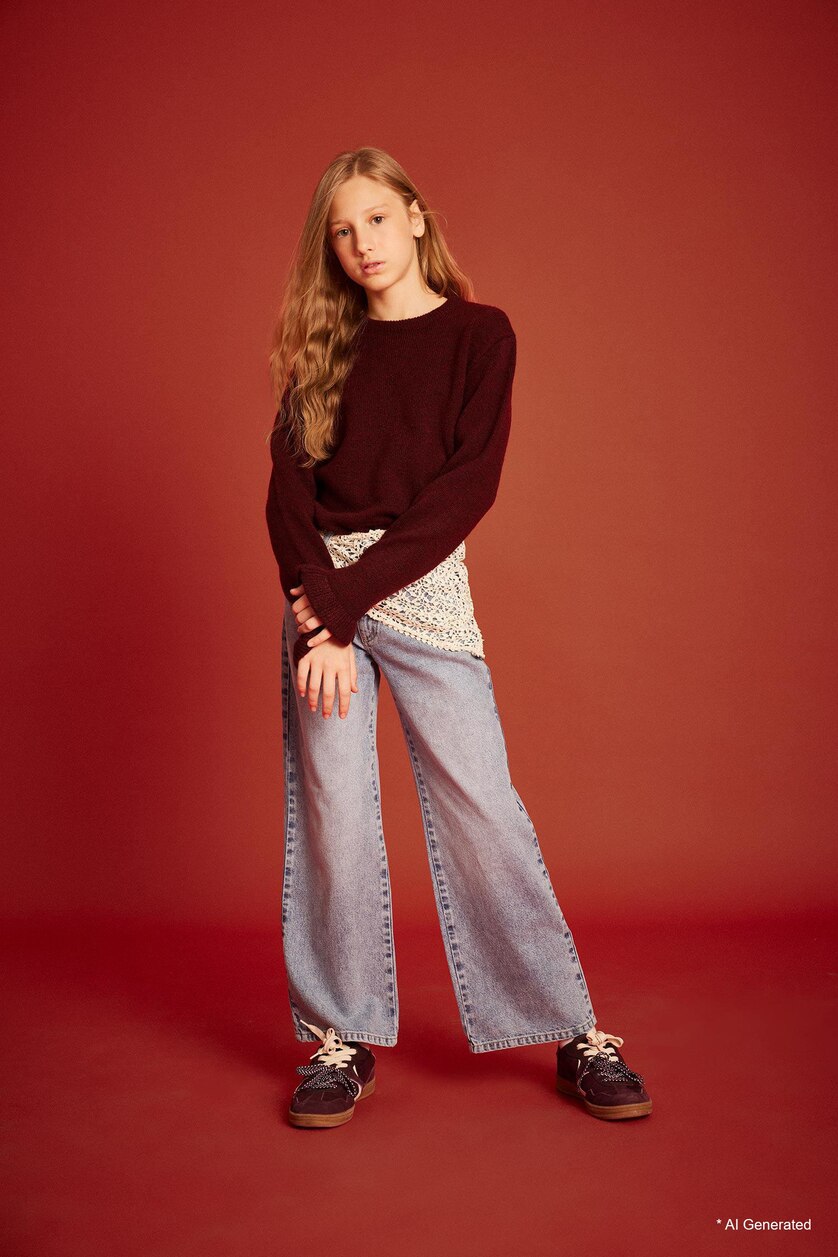 Young Girls - Teen Girls Dark Bordeaux Girl Crew Neck Flounce Knit Pullover