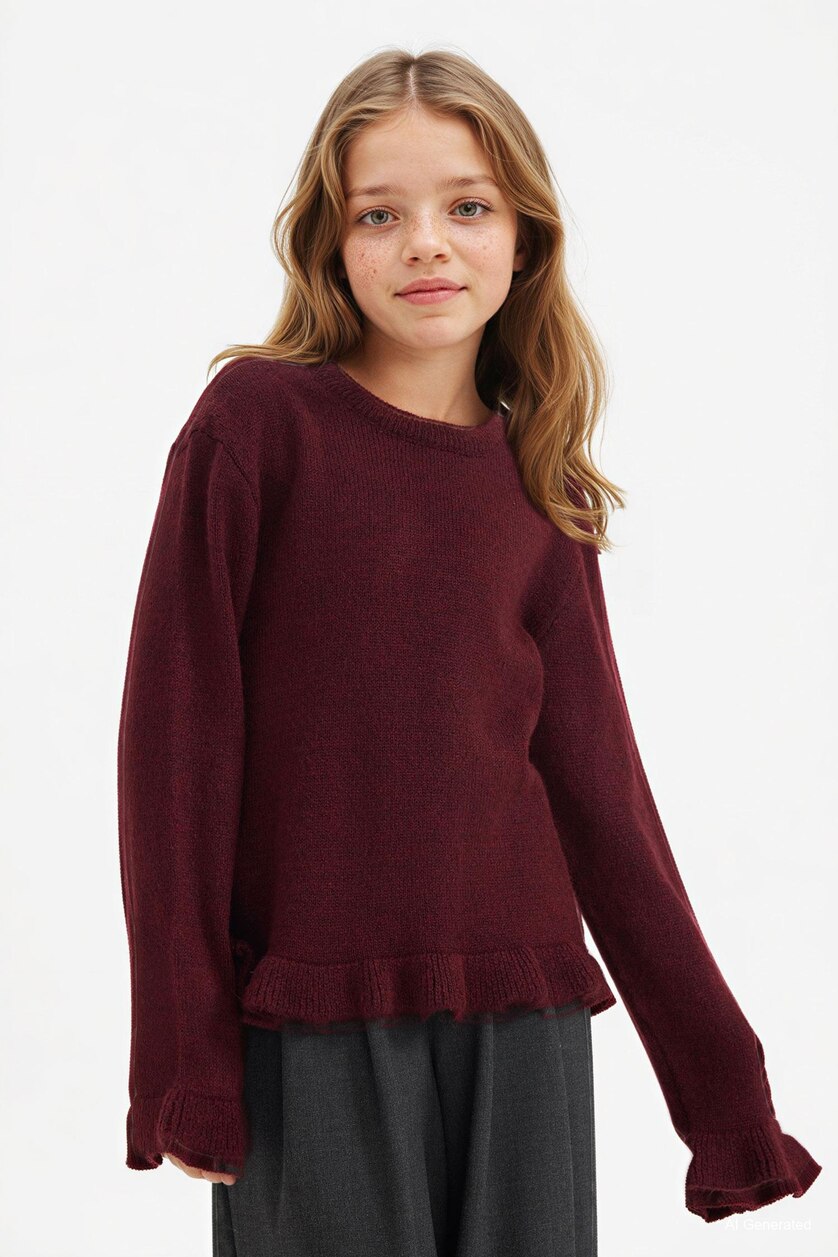 Young Girls - Teen Girls Dark Bordeaux Girl Crew Neck Flounce Knit Pullover