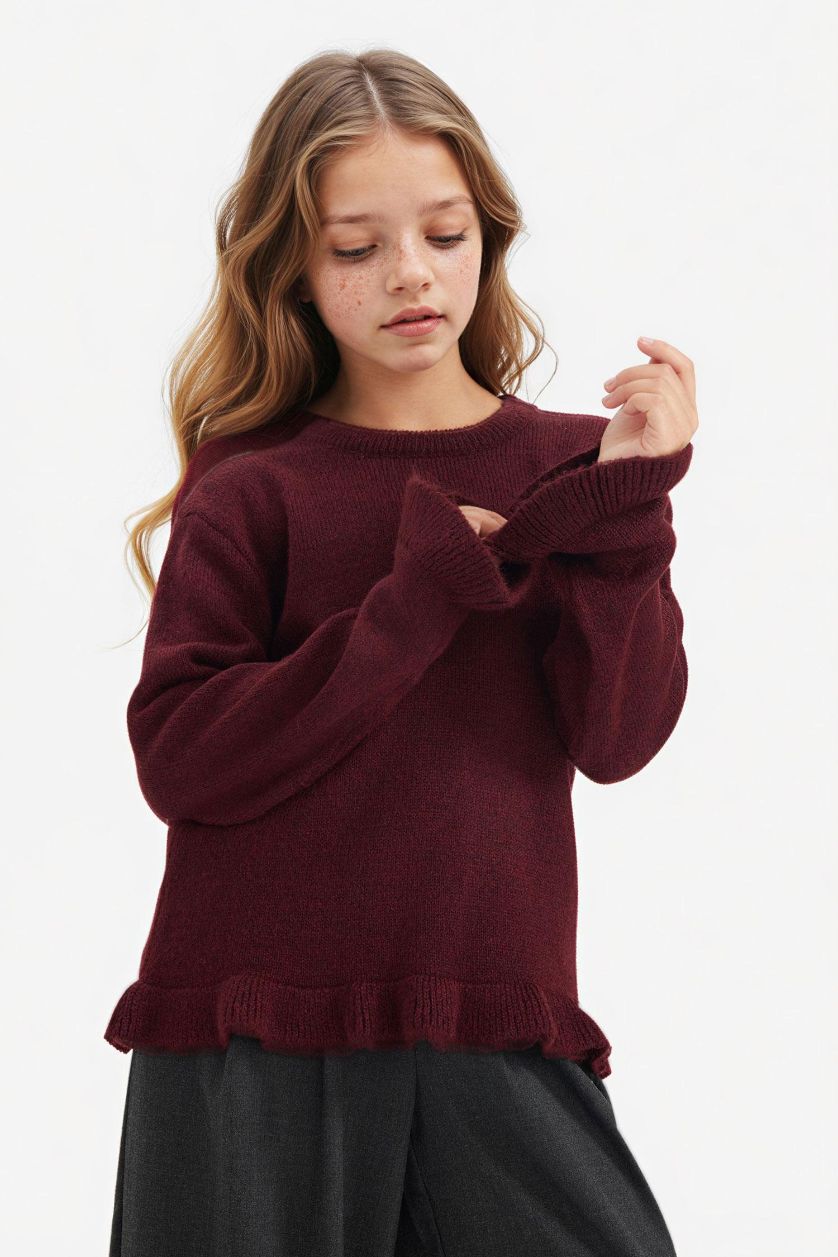 GIRLS & TEENS Dark Bordeaux Girl Crew Neck Flounce Knit Pullover