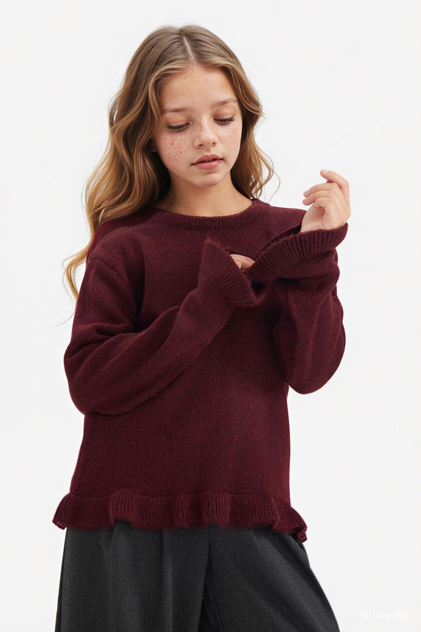 Young Girls - Teen Girls Dark Bordeaux Girl Crew Neck Flounce Knit Pullover