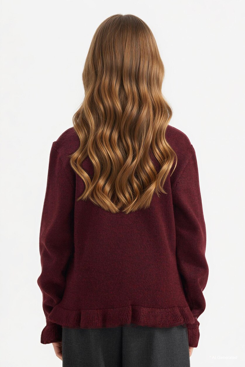 Young Girls - Teen Girls Dark Bordeaux Girl Crew Neck Flounce Knit Pullover