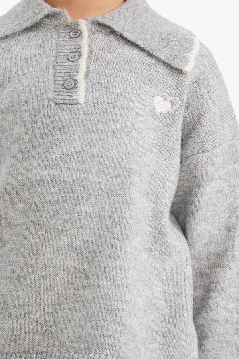 Kız Çocuk - Genç Kız Gri Polo Yaka Triko Kazak Kız Çocuk