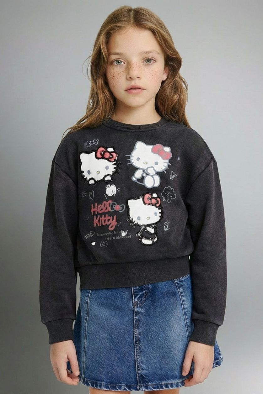Kız Çocuk - Genç Kız Koyu Antrasit Hello Kitty Overshirt Fit Bisiklet Yaka Sweatshirt Kız Çocuk