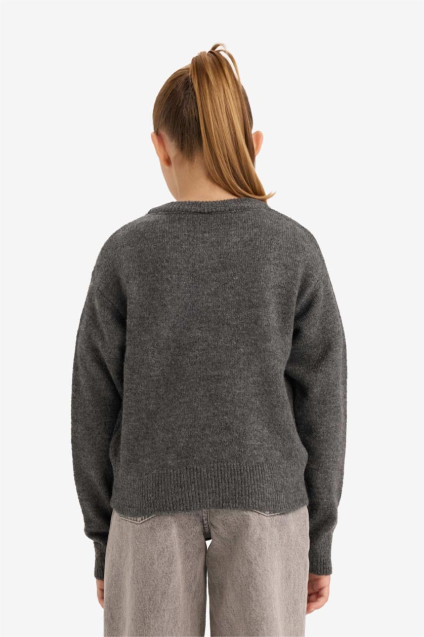 بنات ميلانج رمادي جاكيت صوف بناتي قصة عادية بياخة مستديرة