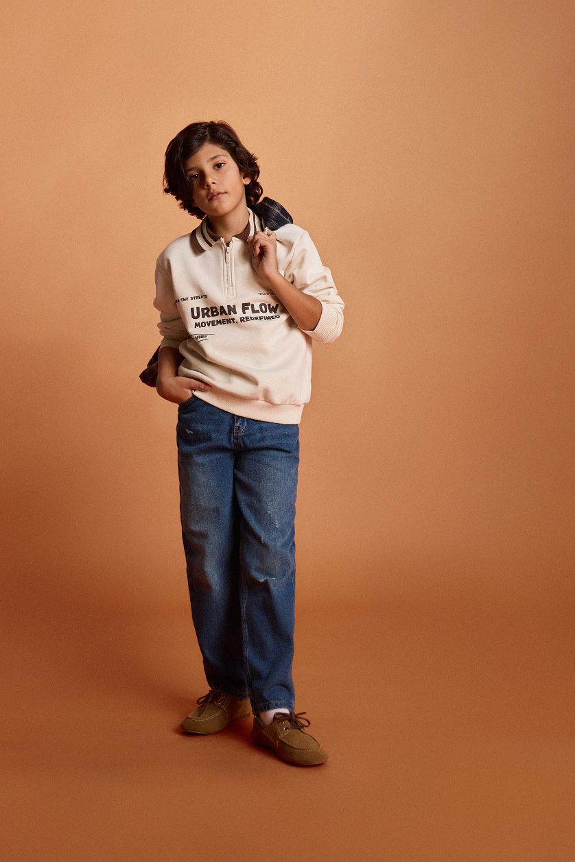 Erkek Çocuk - Genç Erkek Mavi Loose Fit Yırtık Detaylı Düz Paça Jean Pantolon Erkek Çocuk