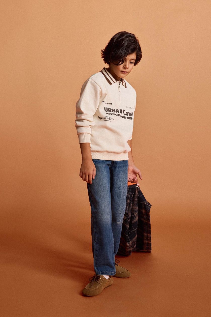 Erkek Çocuk - Genç Erkek Mavi Loose Fit Yırtık Detaylı Düz Paça Jean Pantolon Erkek Çocuk