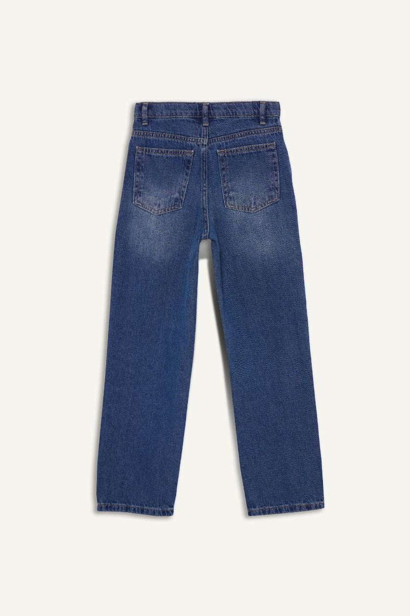 Erkek Çocuk - Genç Erkek Mavi Loose Fit Yırtık Detaylı Düz Paça Jean Pantolon Erkek Çocuk