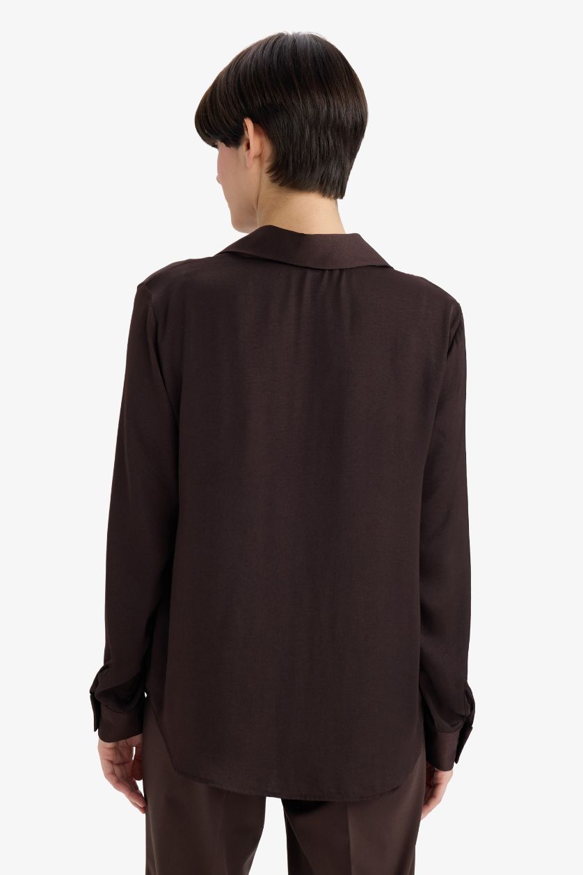WOMAN Dark Brown Regular Fit Shirt Collar Satin Long Sleeve Shirt