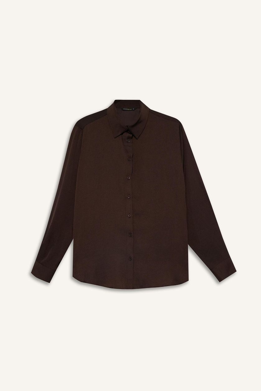 WOMAN Dark Brown Regular Fit Shirt Collar Satin Long Sleeve Shirt