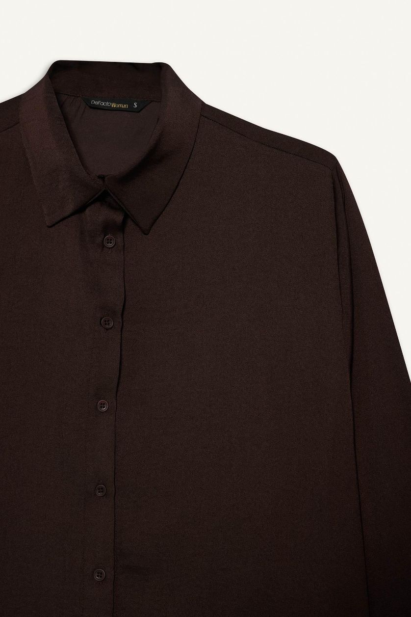 WOMAN Dark Brown Regular Fit Shirt Collar Satin Long Sleeve Shirt