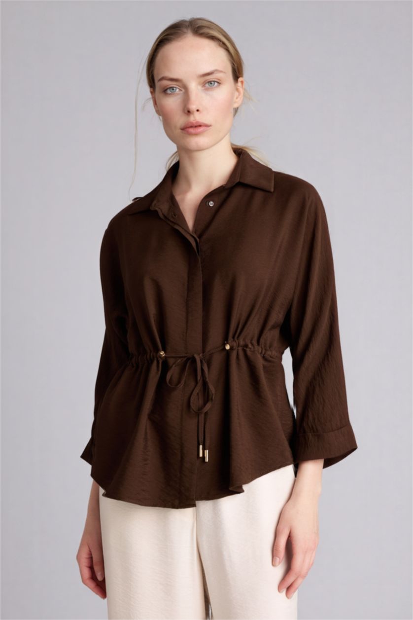 Kadın Kahve Relax Fıt Gömlek Yaka Uzun Kollu Gömlek