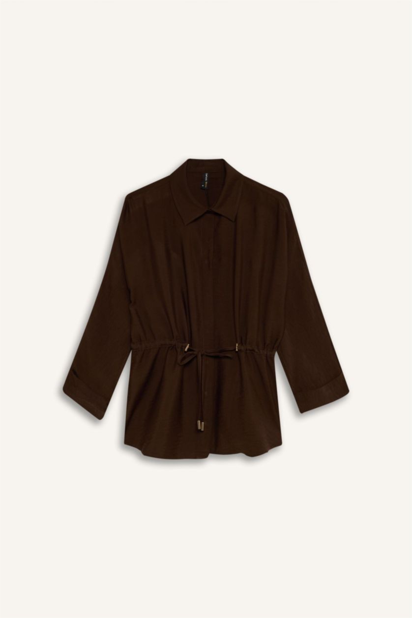 Kadın Kahve Relax Fıt Gömlek Yaka Uzun Kollu Gömlek