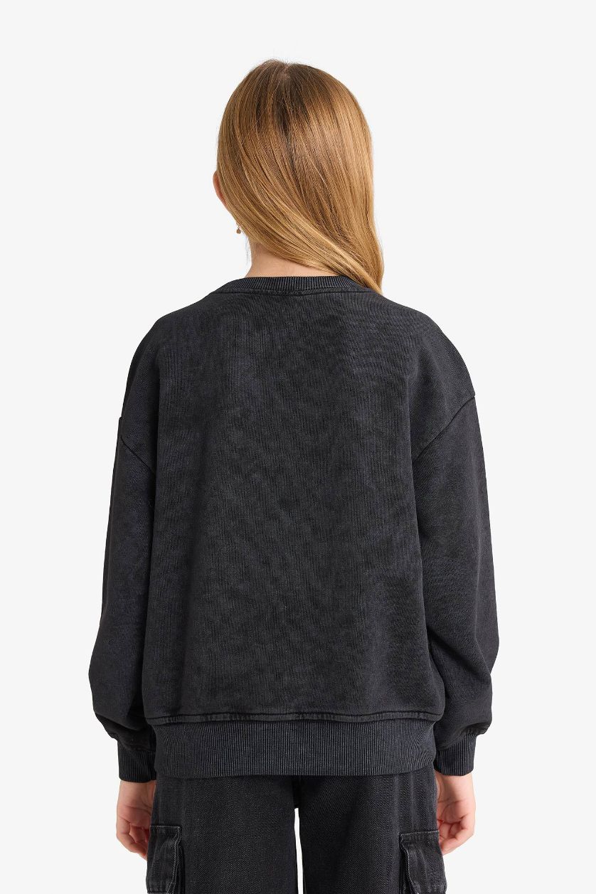 Kız Çocuk - Genç Kız Antrasit Oversize Geniş Kalıp Bisiklet Yaka Baskılı Sweatshirt Kız Çocuk