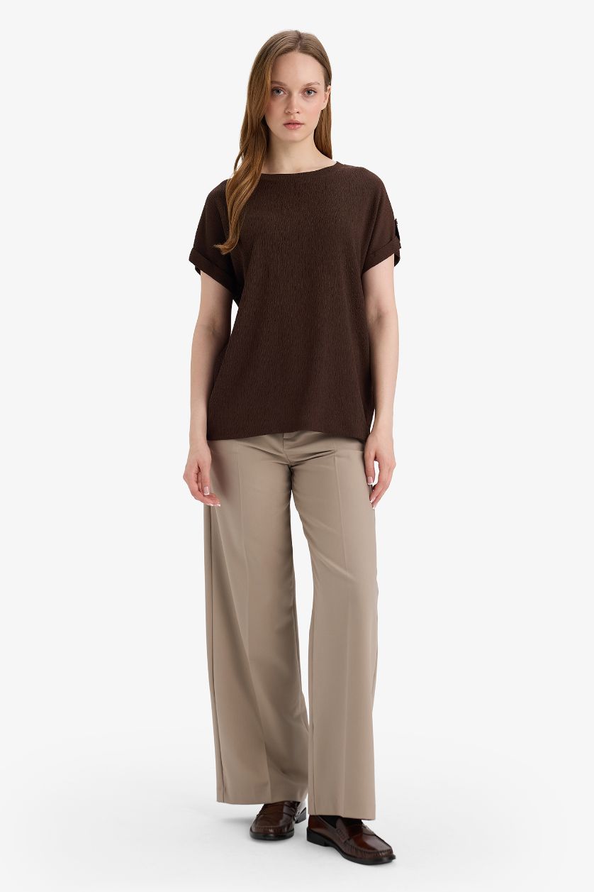 Woman Brown Crew Neck Crepe Short Sleeve T-Shirt