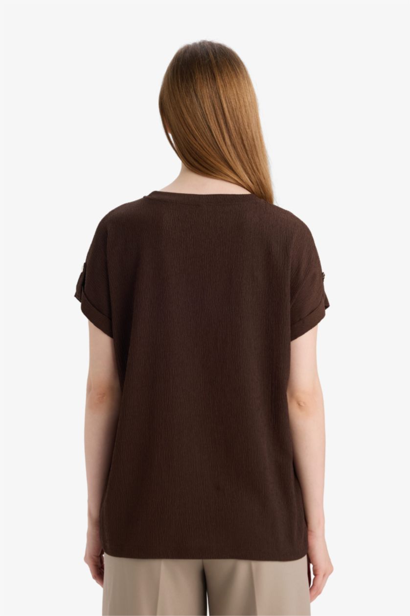 Woman Brown Crew Neck Crepe Short Sleeve T-Shirt
