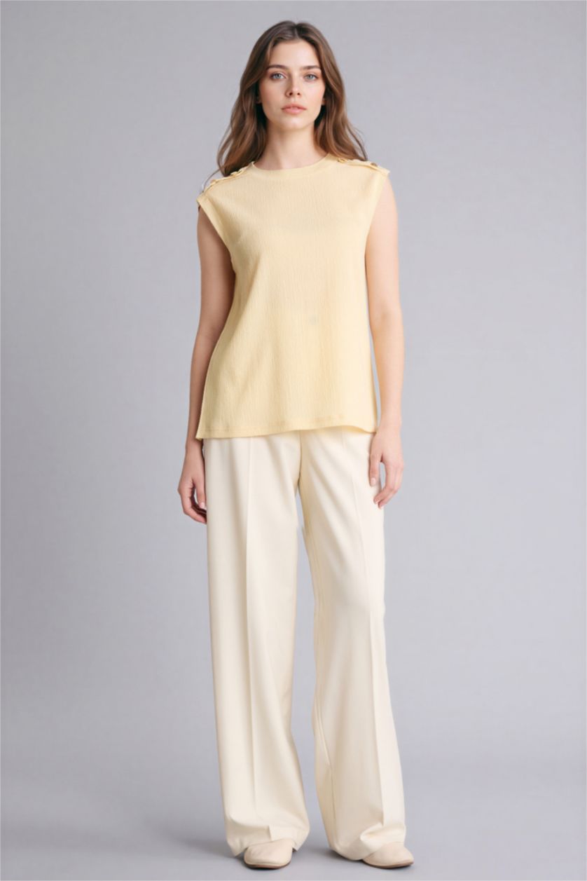 Женщины Светло-желтый Футболка Regular Fit из ткани букле с круглым вырезом и коротким рукавом