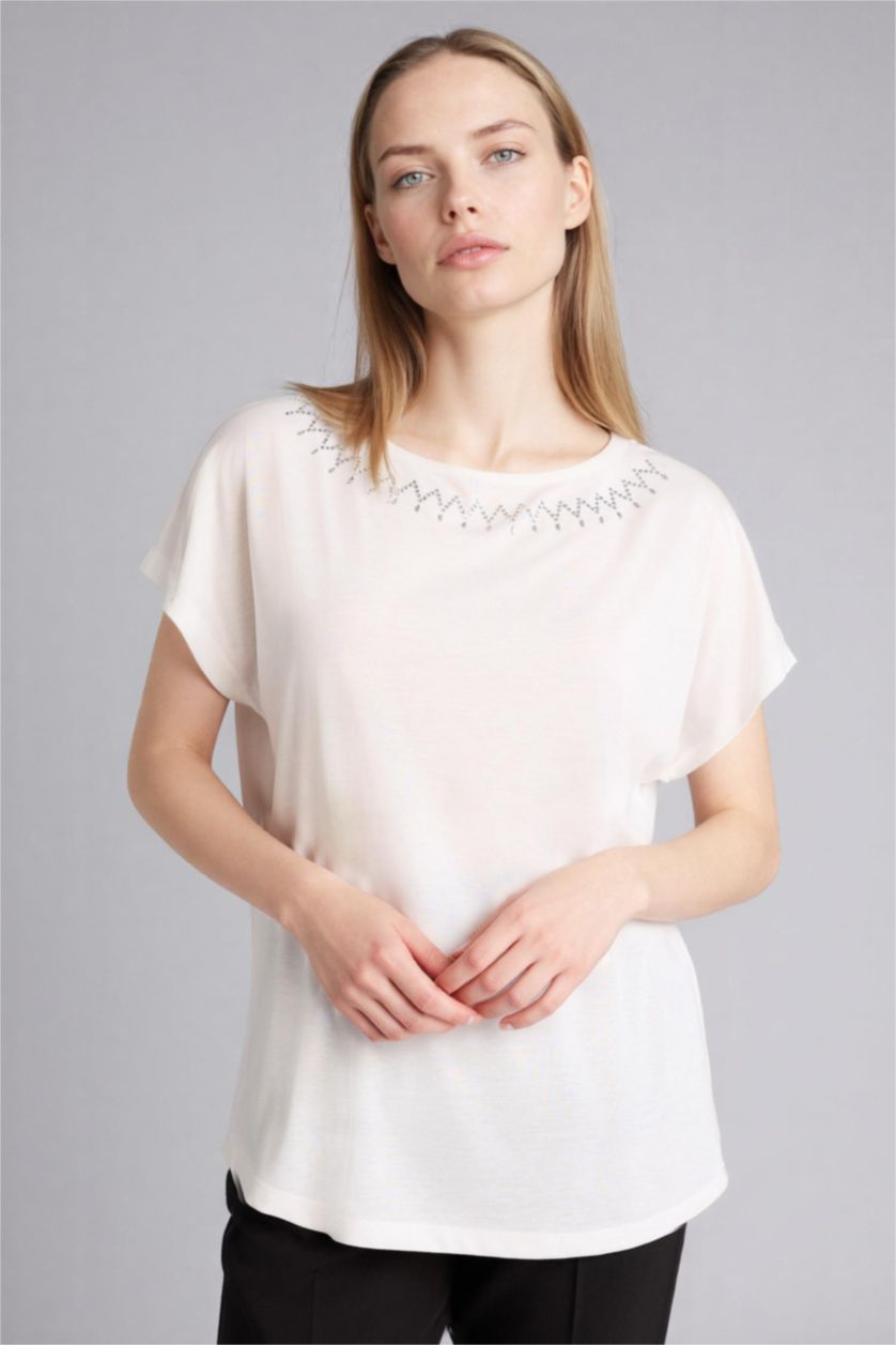 WOMAN White Boat Neck Stone Print Short Sleeve T-Shirt