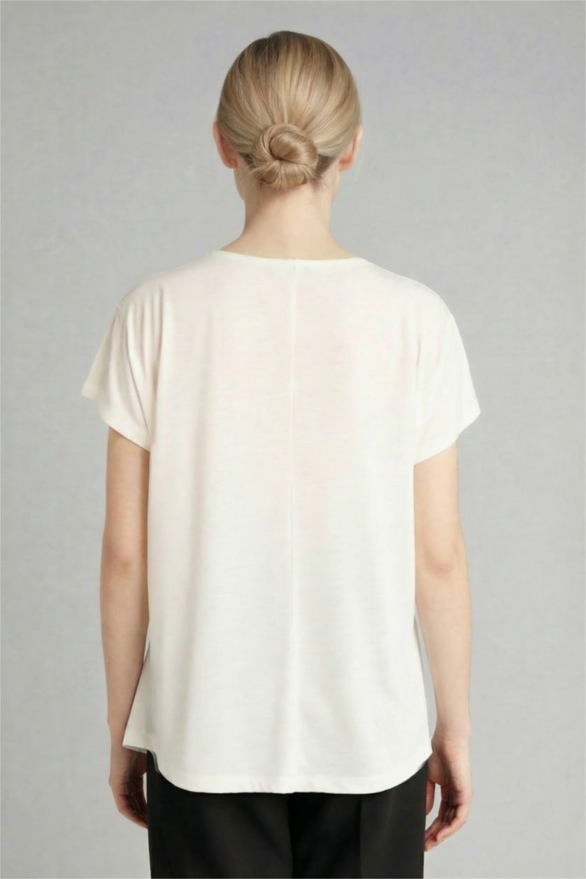 WOMAN White Boat Neck Stone Print Short Sleeve T-Shirt