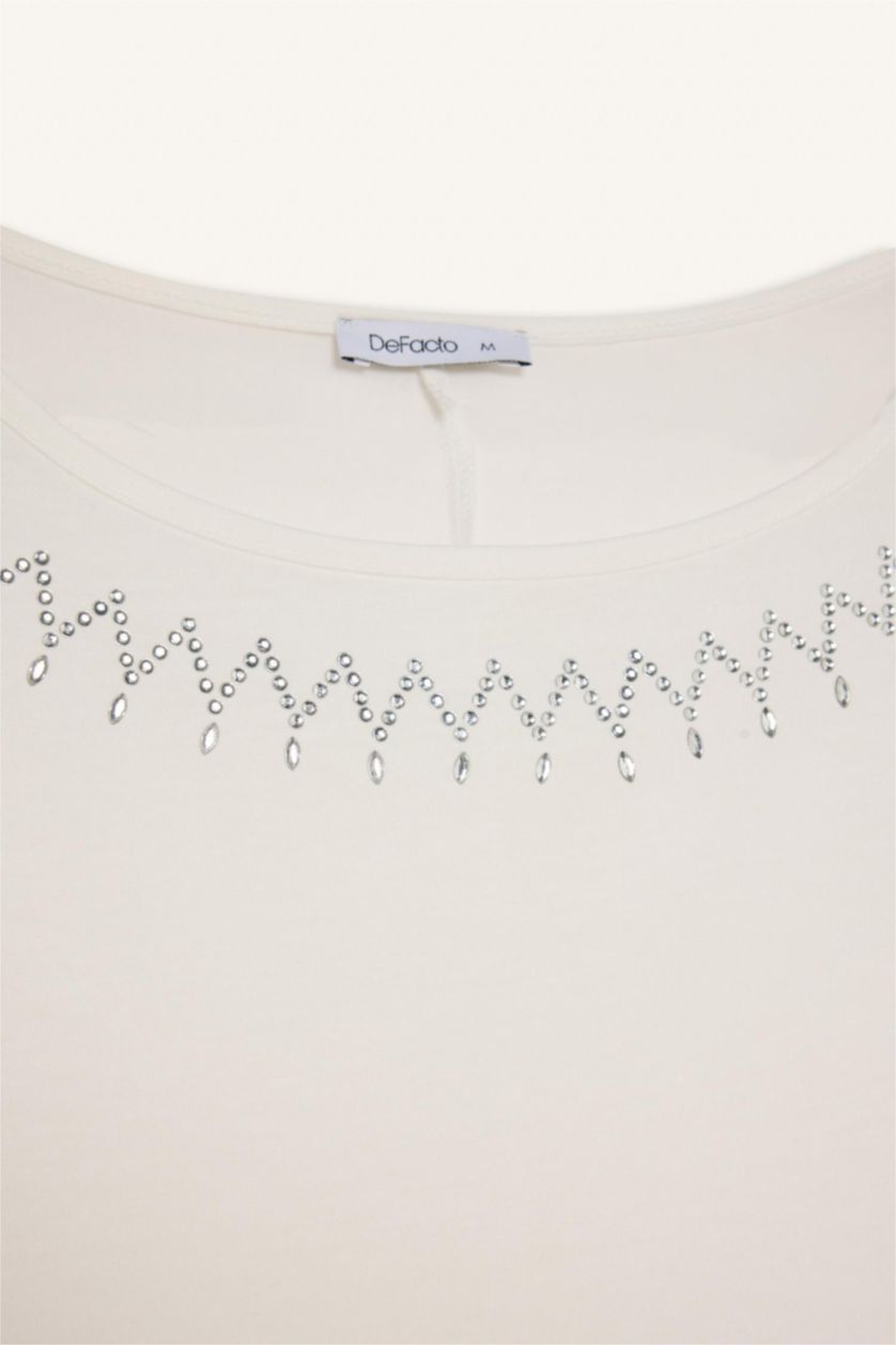 WOMAN White Boat Neck Stone Print Short Sleeve T-Shirt