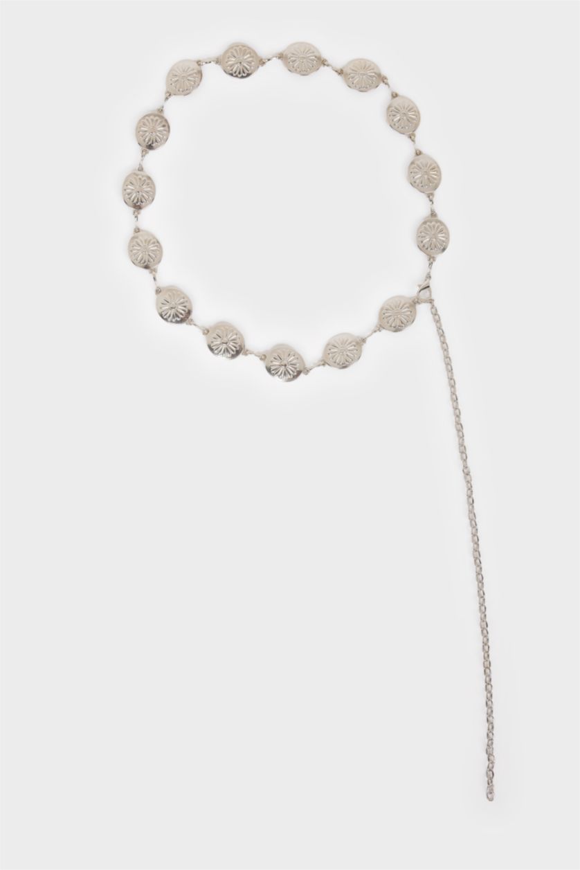 Kadın Gümüş Kadın Silver Çiçek Temalı Metal Zincir Kemer