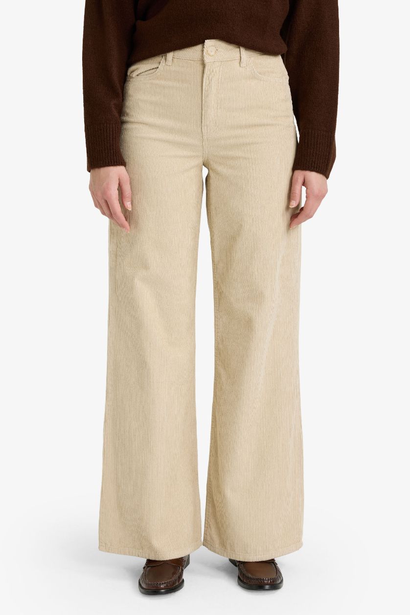 Woman Stone Wide Leg Double Pocket High Waist Velvet Trousers