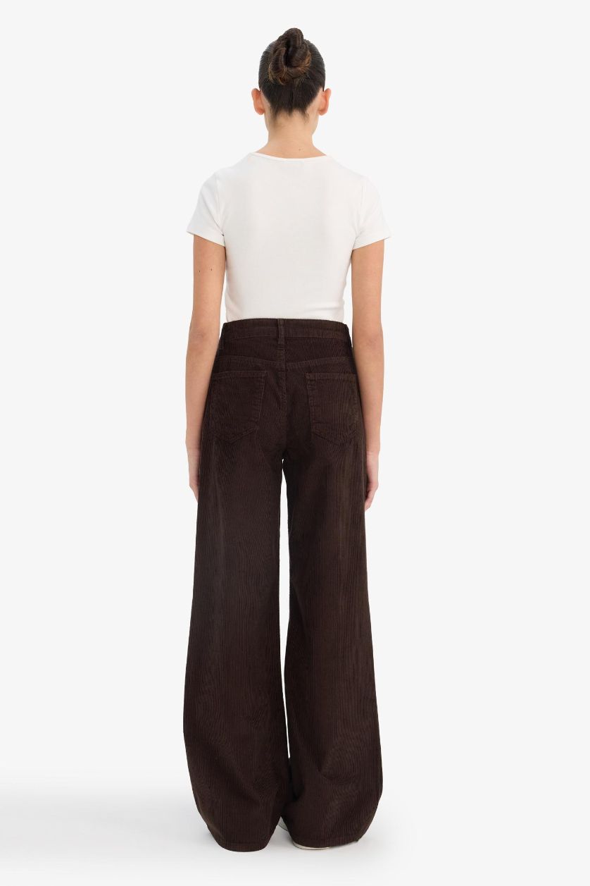 نساء بني بنطرون مخمل وايد ليج برجل واسع بجيب وخصر عالي