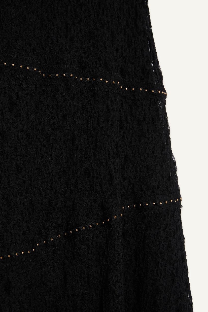 Kadın Siyah A Kesim Normal Bel Dantel Midi Etek