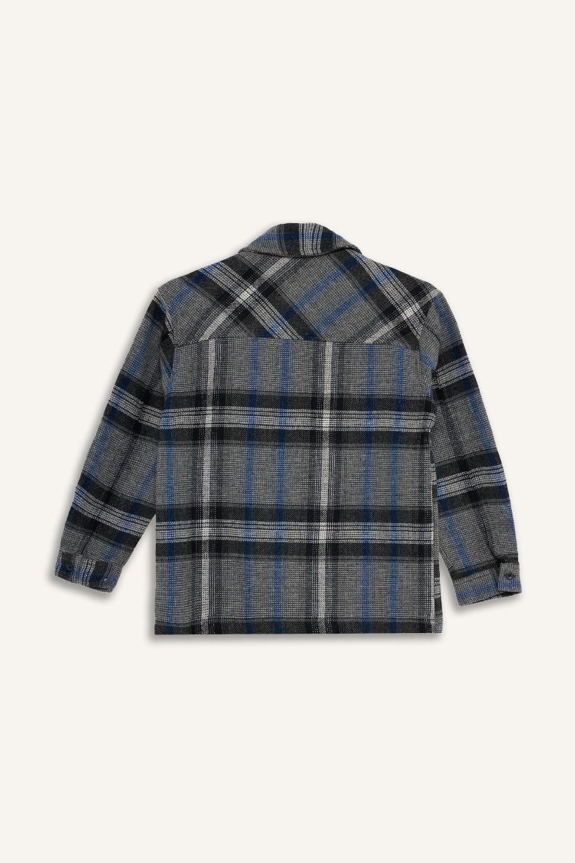 Erkek Çocuk - Genç Erkek İndigo Polo Yaka Ekose Desenli Fermuarlı Flanel Ceket Erkek Çocuk