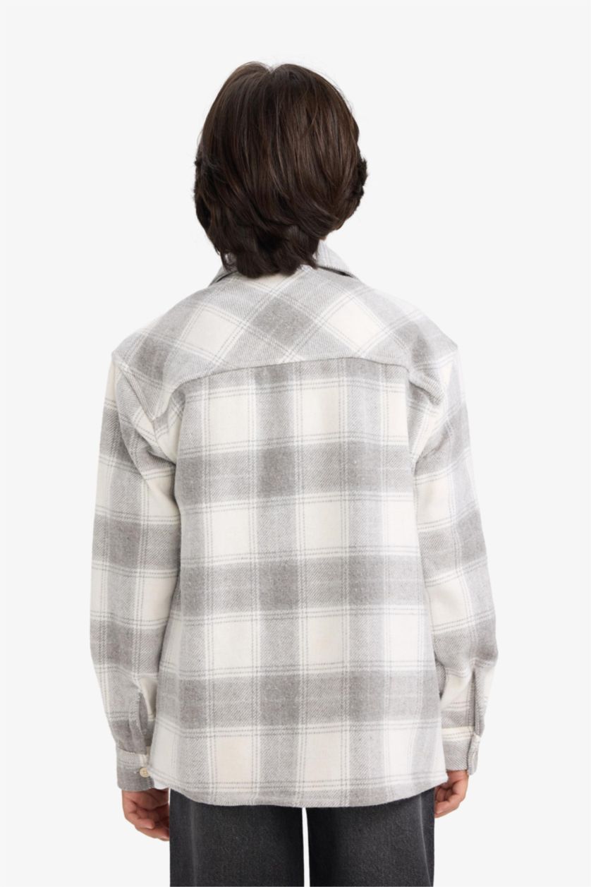 Erkek Çocuk - Genç Erkek Açık Gri Oversize Geniş Kalıp Polo Yaka Ekose Desenli Flanel Uzun Kollu Gömlek Erkek Çocuk