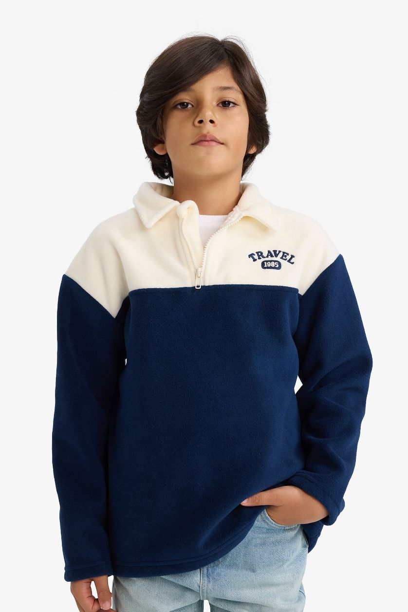 Erkek Çocuk - Genç Erkek Lacivert Oversize Geniş Kalıp Polo Yaka Yarım Fermuarlı Baskılı Polar Sweatshirt Erkek Çocuk