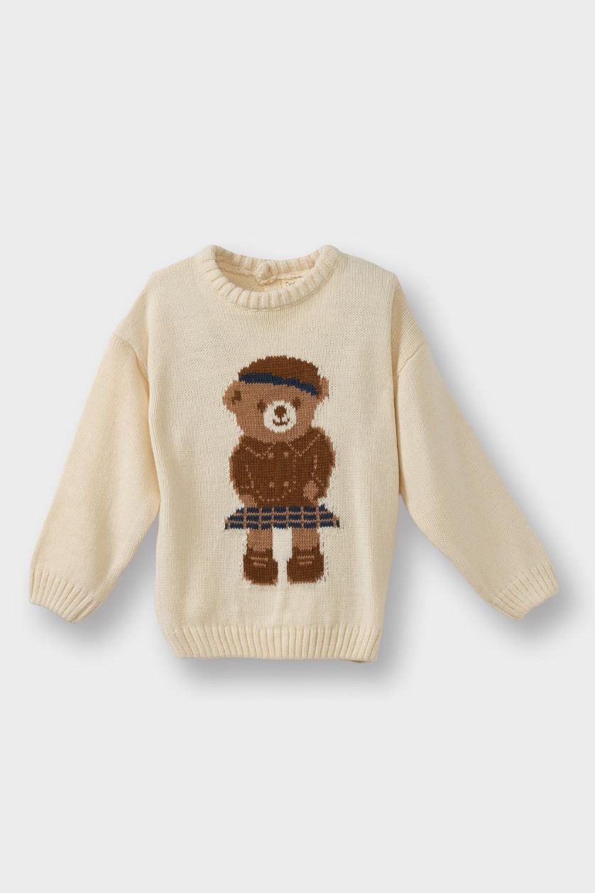 Kız Bebek Ekru Büyük Yaka Ayı Baskılı Triko Kazak Kız Bebek