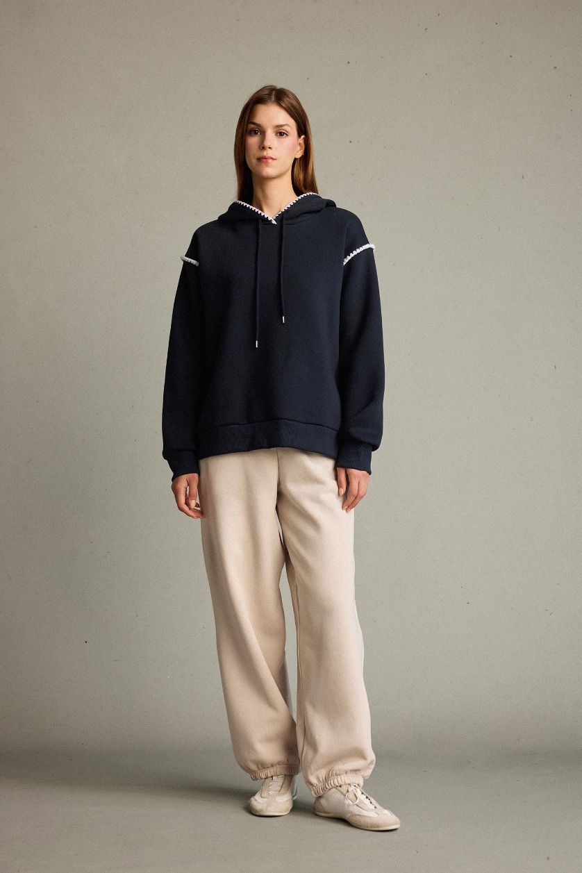 Kadın Lacivert Overshirt Fit Kapüşonlu Sweatshirt